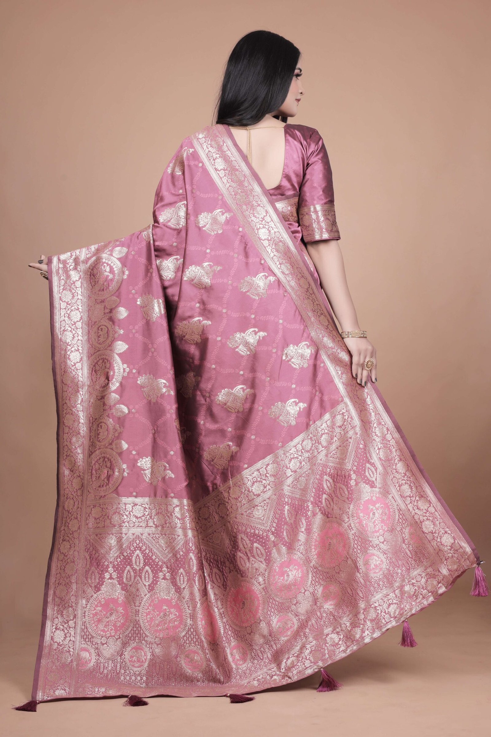 Rose Pink Banarasi Silk Saree with Silver Zari | Floral & Paisley Motifs | Wedding, Festive & Traditional Wear - Image 5