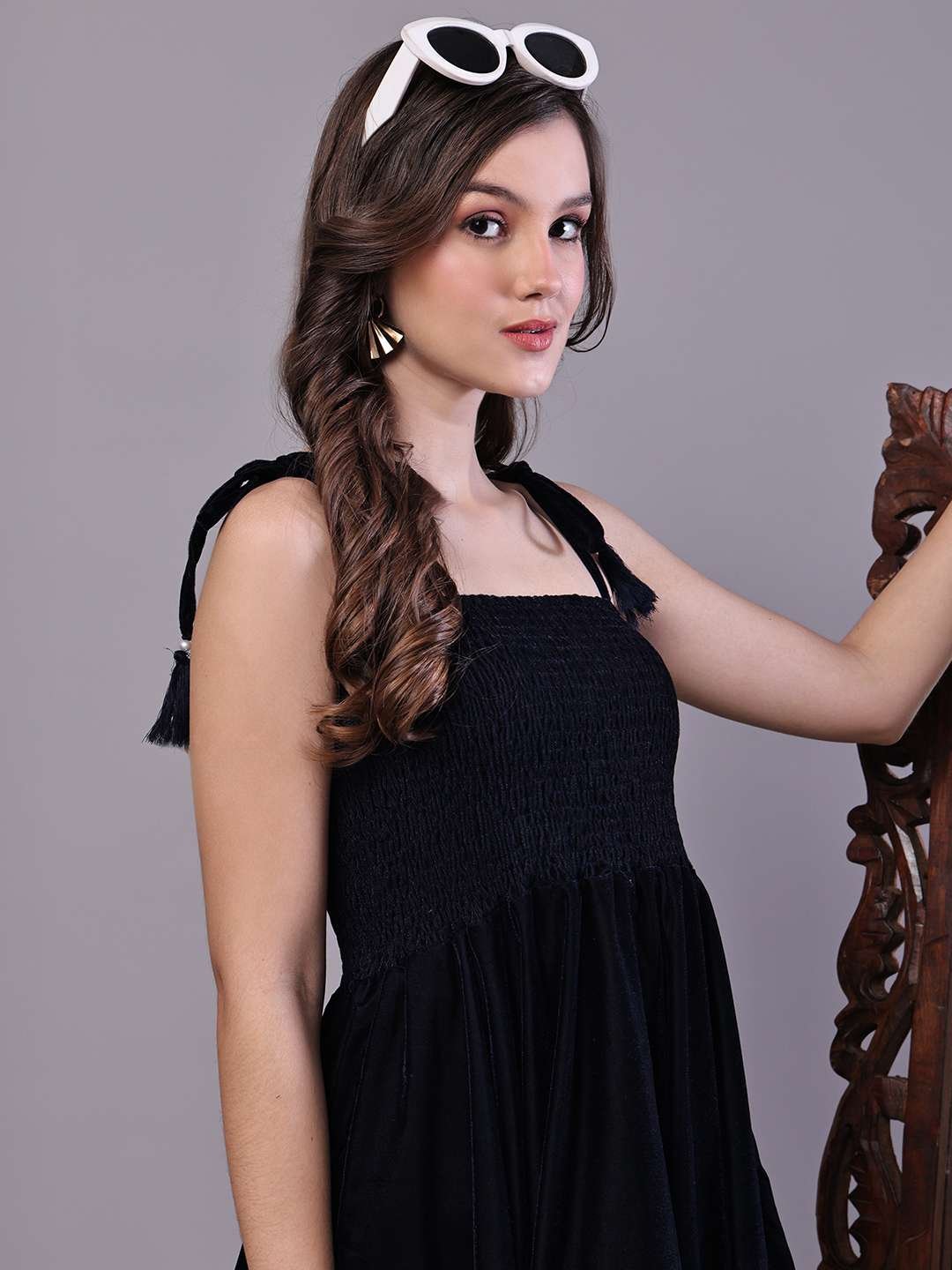 Women's Junglee Black Velvet Party Midi Dress with Asymmetrical Hemline Midi Dresses - Image 4